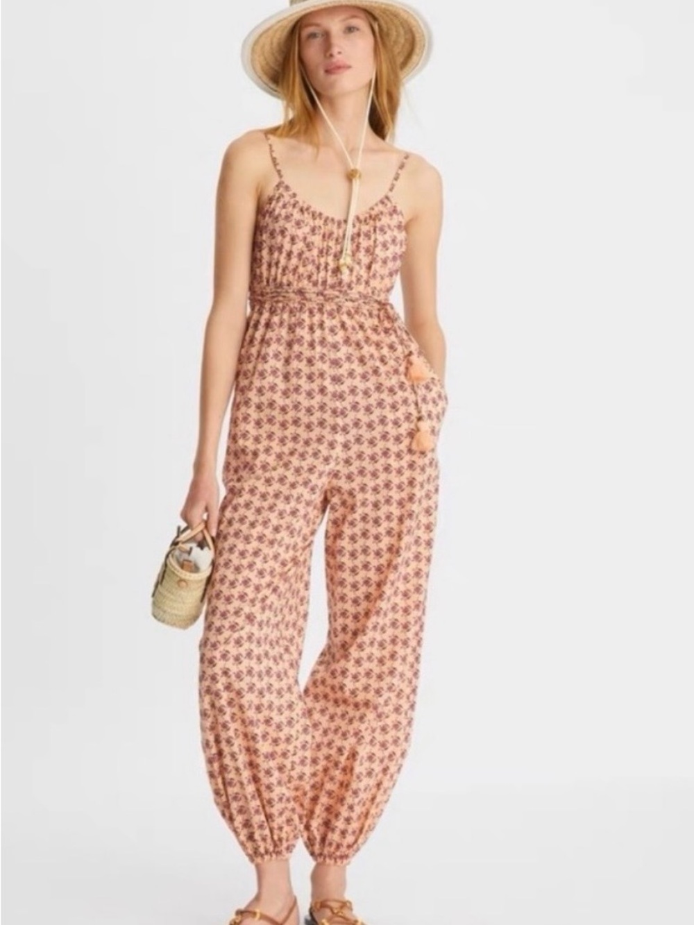 Tory Burch Tie-Waist Printed Jumpsuit in Peach